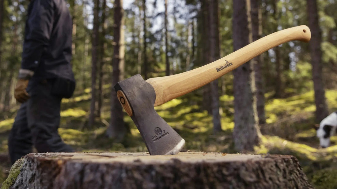 Hand forged Hultafors axe with a hickory handle standing in a spruce stump on a forest clearing