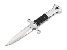 Böker Plus Inarsil tactical flipper folding knife with D2 dagger blade and black G10 handle, open view