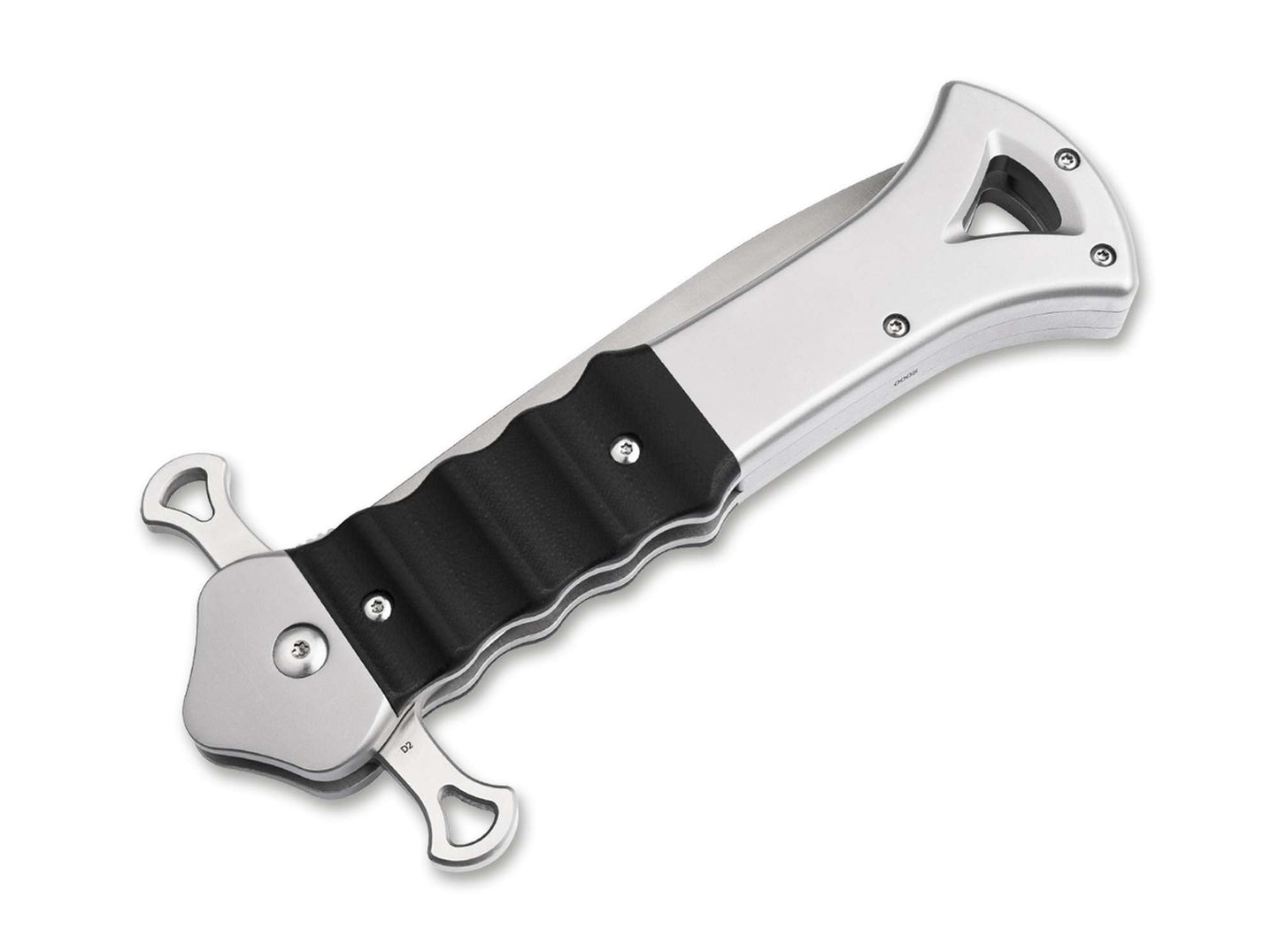 Böker Plus Inarsil folding knife by Midgards Messer, D2 blade and stainless steel handle, detail view