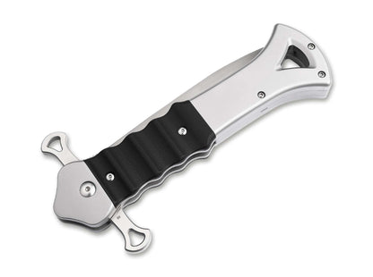 Böker Plus Inarsil folding knife by Midgards Messer, D2 blade and stainless steel handle, detail view