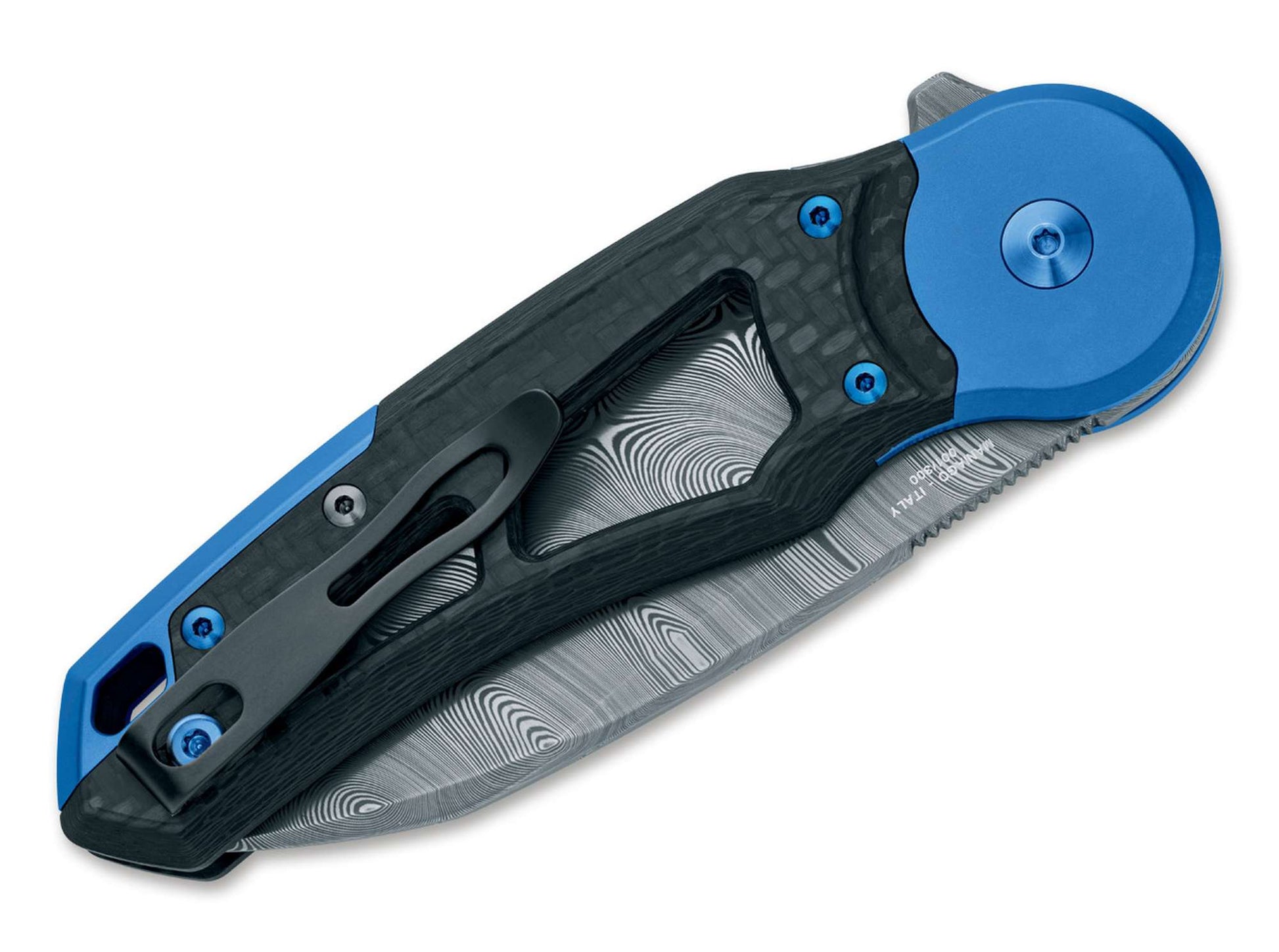 Fox Knives Metamorphosis Wharncliffe Damascus CF Titanium Blue