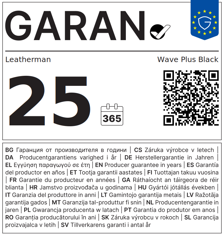 EU-GARAN-Label: Leatherman Wave Plus Black, 25 Jahre Herstellergarantie
